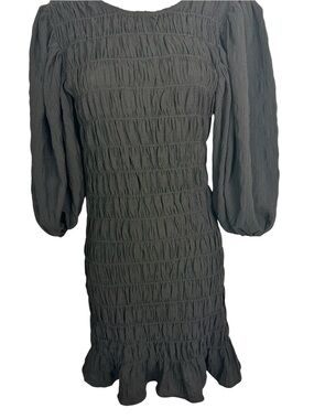 Lush Charcoal Smocked Puff-Sleeve Mini Dress
